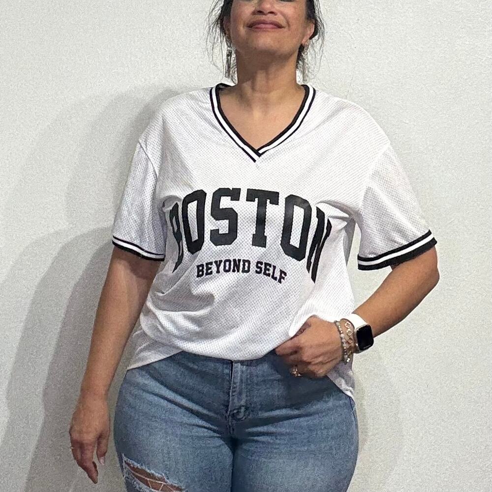 Shein White Boston V-Neck Jersey Sz M